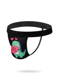 Men's Heart & Dinosaur Print Sexy Thong Briefs - Green - View 3