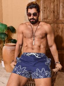 Surfspeed Men's Cartoon Print Drawstring Waist Casual Beach Shorts - Navy Blue - View 5