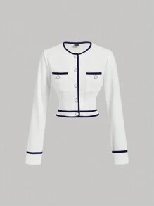 SHEIN MOD Women's Round Neck Contrast Trim Long Sleeve Top And Straight Leg Casual Pants Suit, Date Night Party,Outfit Sets,Homecoming,Outfits,Women Fall Clothes