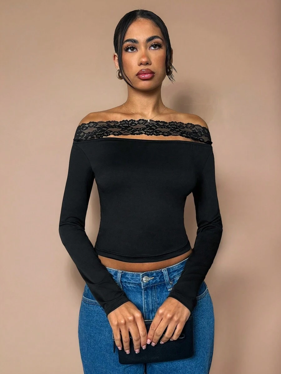 Glamine 1 pieza Blusa con manga larga y hombro descubierto decorada con encaje para mujeres, otoño/invierno - Negro - Ver 1