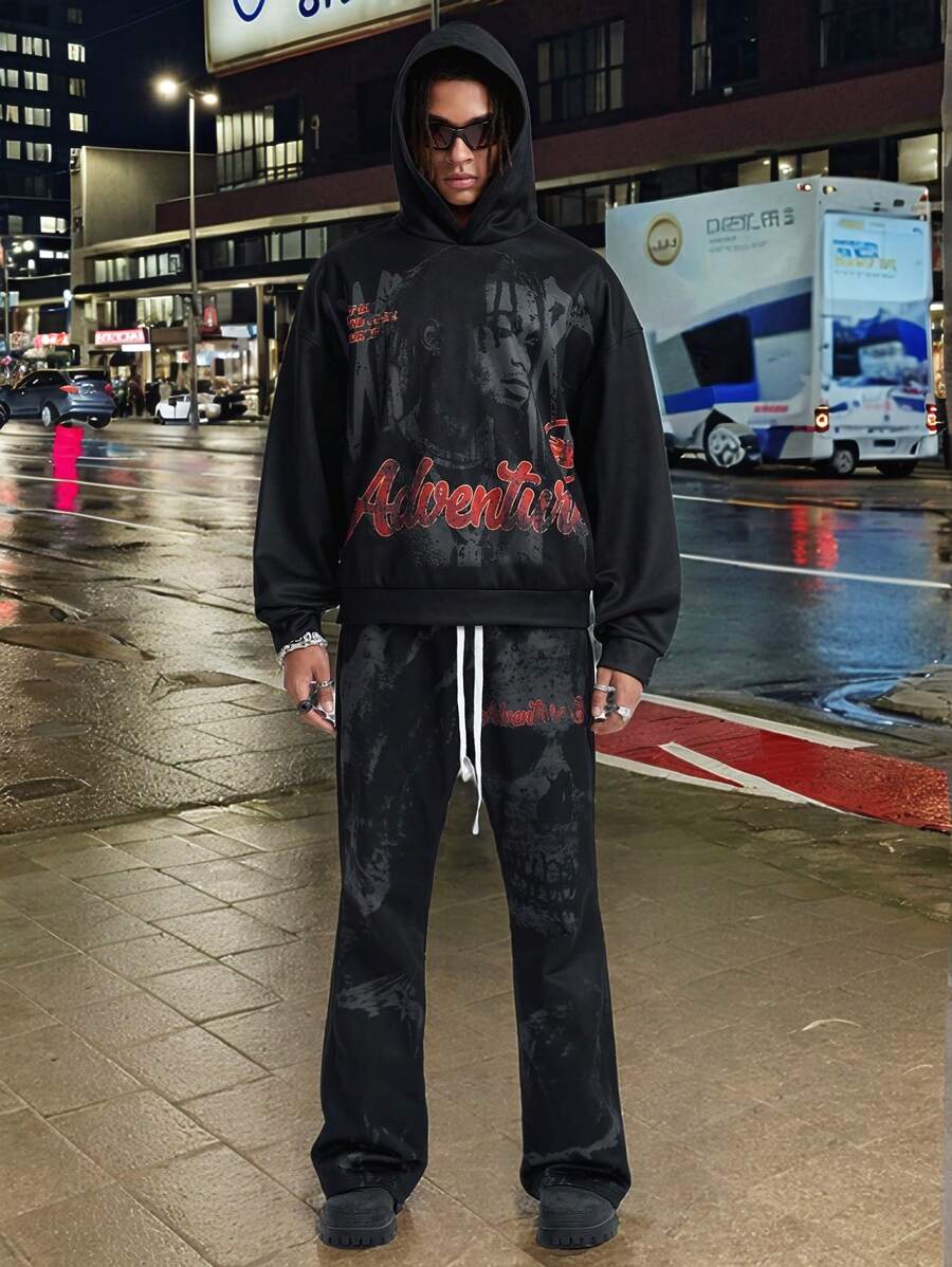 Manfinity VCAY Men's Loose Digital Print Long Sleeve Knit Sweatshirt Set, For Fall Winter - Black - View 1