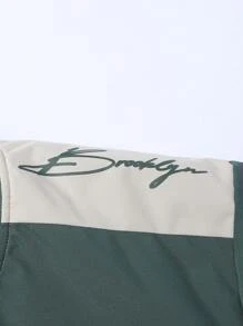 Manfinity Sporsity Plus Size Men's Solid Color Splice Front Zipper Long Sleeve Pocket Casual Padded Coat, Light Green Warm Vacation Letter Color Block Winter Coat, For Friends, Husband, Boyfriend Gifts