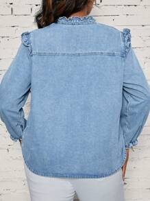 SHEIN LUNE 秋季大码休闲牛仔衬衫，荷叶边装饰