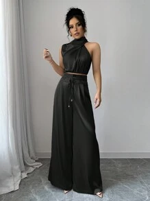 Firerie 2 件套女士扎染花卉印花优雅商务装领上衣和阔腿裤套装，轻便舒适的教师制服 - 黑色 - 查看 5