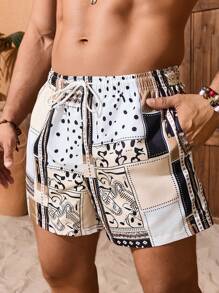 Palasendo Men's Beach Shorts Drawstring Waist Front Tie Pocket Boho Style Beach Vacation Hawaiian, Patchwork Shorts, Men White Swim Trunks, Men S Two Piece Shorts, Men Rhinestone Shorts, Men Beach Shorts Set - Camel - View 6