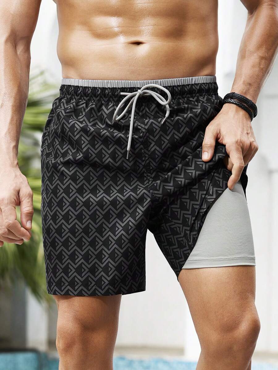 Surfspeed Herr geometriskt tryck dragsko i midjan 2 i 1 strandshorts - Svart - Visa 1