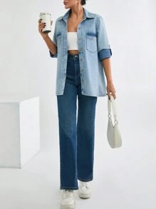 EURMUSE Women's Casual Roll-Up Sleeve Washed Denim Blouse For Autumn - Blue - View 8