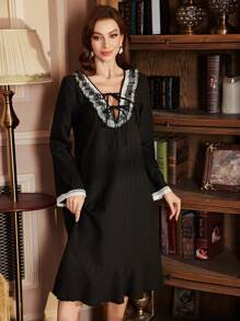 PalaceNights Color Block Ruffled Deep V-Neck Tie-Front Bow Decor Bell Sleeve Nightgown