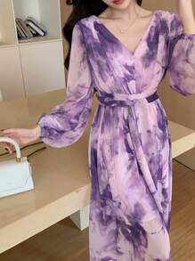 DAZY Vestido con estampado floral de manga abullonada y cuello en V de longitud media para mujeres