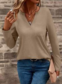 EMERY ROSE Autumn Casual Solid Notched Neck T-Shirt Fall Cloth For Women - Apricot - View 6