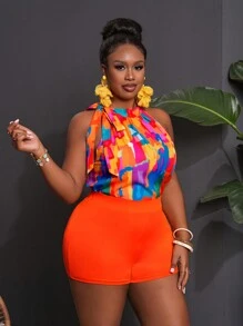 Slaydiva Spring & Summer Casual Resort Sleeveless Colourful Printed Tied Neck Blouse & Solid Orange Knit Slim Shorts, Plus Size 2 Pieces Set,Holiday Outfits