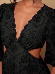 Travachic 假日编织刺绣 V 领连衣裙、秋季泡泡袖连衣裙、秋季女装、女士连衣裙、高个子女士、长裙、秋季女士连衣裙 - 黑色 - 查看 4