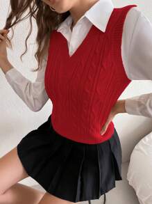 Chiquease 女士秋冬纯色 V 领休闲百搭针织毛衣背心 - 紅色 - 查看 4