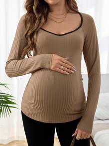SHEIN Áo thun cổ tròn tay loe phối màu thoải mái cho bà bầu dài tay - màu nâu - Xem 3