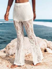 Opulessa 女士高腰喇叭针织蕾丝裤，适合度假 - 白色 - 查看 7