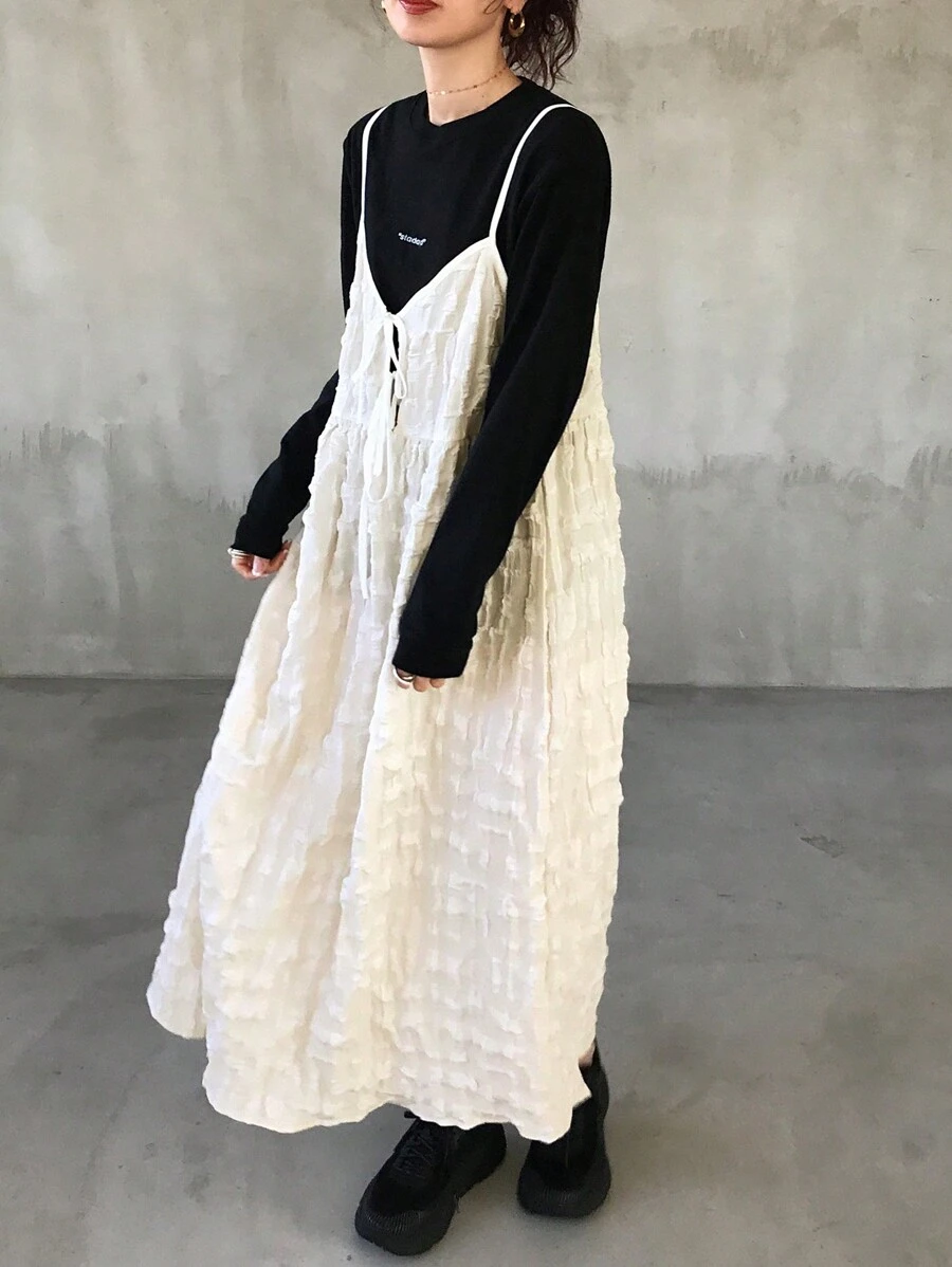 FRIFUL 女士纯色前系带宽松吊带中长连衣裙，适合秋夏季，休闲女装 - 米色 - 查看 1