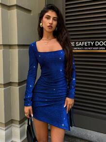 Forever 21 女士性感紧身迷你连衣裙，侧开衩，闪亮合身，适合通勤 - 藍色 - 查看 2