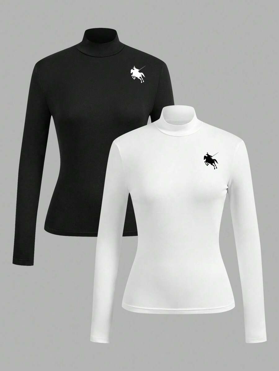 SHEIN EZwear 2pcs Women Semi-High Neck Slim Fit Long Sleeve Basic T-Shirt Set Fall Clothes - Black and White - View 1