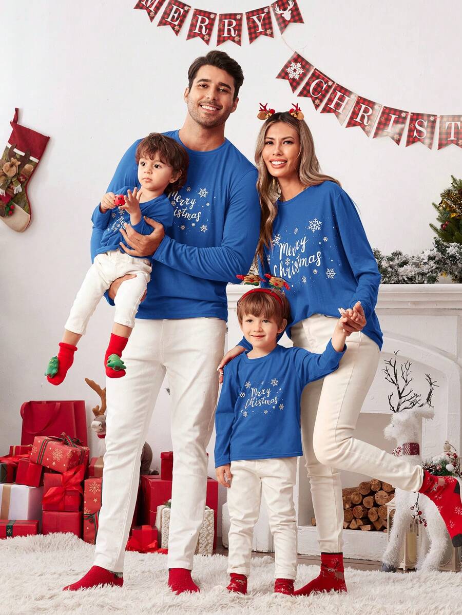 Manfinity NXTstreet Camiseta de manga larga casual de cuello redondo ajustada para hombres, adecuada para otoño, Navidad, parejas, familia, fiesta - Azul - Ver 1