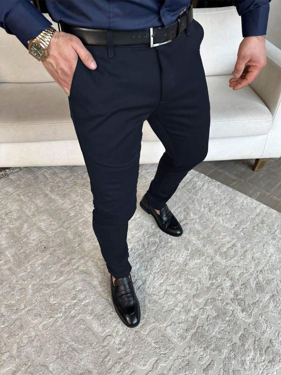 Calvornis 男士纯色口袋休闲西装裤，复古风格 - 藏蓝色 - 查看 1