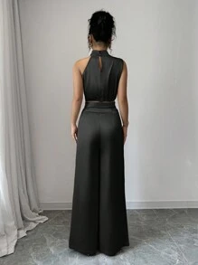 Firerie 2 件套女士扎染花卉印花优雅商务装领上衣和阔腿裤套装，轻便舒适的教师制服 - 黑色 - 查看 4
