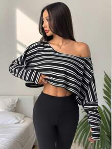 Flirla Áo thun tay dài họa tiết sọc waffle bất đối xứng, áo thun họa tiết đa năng mặc thường ngày cho nữ mùa xuân - Nhiều màu - Xem 5