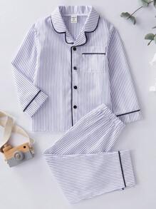 SHEIN 2 Peças Conjunto de Pijama de Calça e Camisa de Manga Longa com Listras Contrastantes para Menino Pequeno, Conjunto Casual de Casa