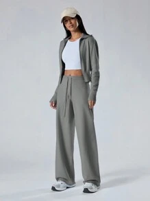 LYSMO 女士两件套：纯色长袖拉链开衫和长裤，休闲针织衫秋冬 - 灰色 - 查看 4