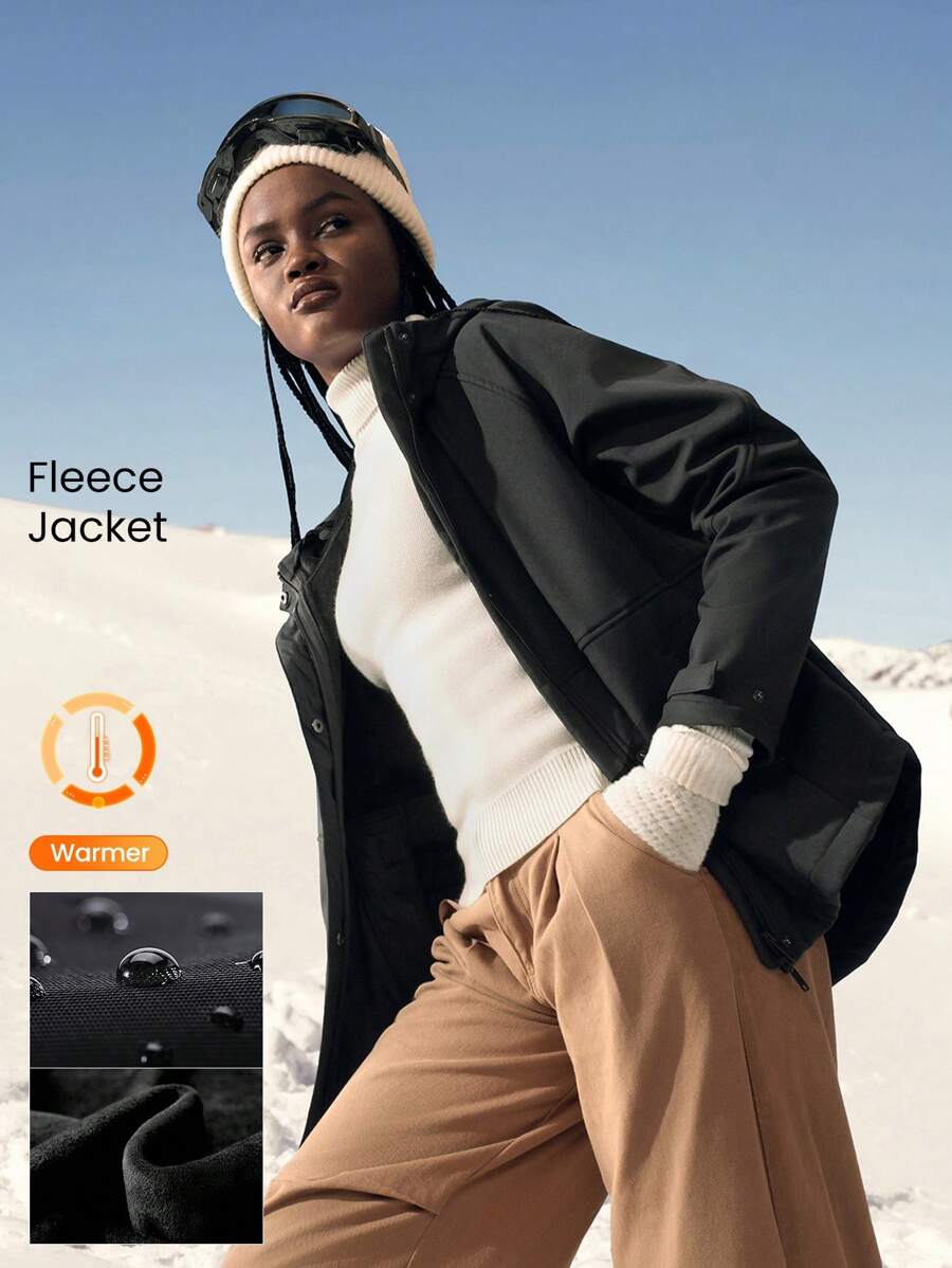 GLOWMODE 羊毛宽松版型可调节抽绳腰带连帽衬衫式夹克日常休闲 - 黑色 - 查看 1