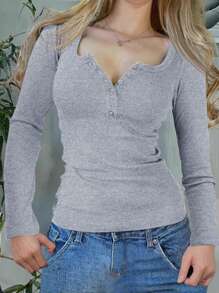 INAWLY Camiseta casual de manga larga con cuello redondo y abotonada de unicolor para mujer, otoño - Multicolor - Ver 6