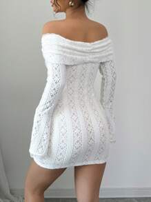 Chiquease 女士对比色蕾丝露肩长袖前系带优雅短裙、蕾丝派对礼服、露肩连衣裙 - 白色 - 查看 2