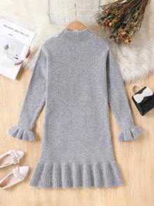 SHEIN Tween Girls' Fashionable New High Collar Ruffle Trim Knit Sweater Dress, Suitable For Spring & Autumn - Light Grey - View 2