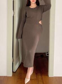 Dazy Plus Hollow Out Round Neck Bodycon Sweater Dress,Fall Women Clothes - Khaki - View 9