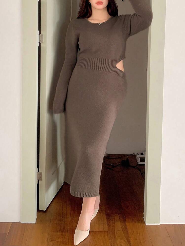 Dazy Plus Hollow Out Round Neck Bodycon Sweater Dress,Fall Women Clothes
