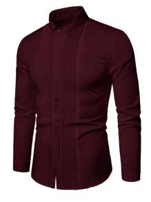 Manfinity Homme 1pc Men's Casual Solid Color Button Front Long Sleeve Shirt, Autumn - Burgundy - View 3
