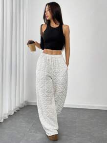 SHEIN Unity Basic Textured Jacquard Elastic Waist Sweatpants, Autumn/Winter Fall Cloth For Women - White - View 6