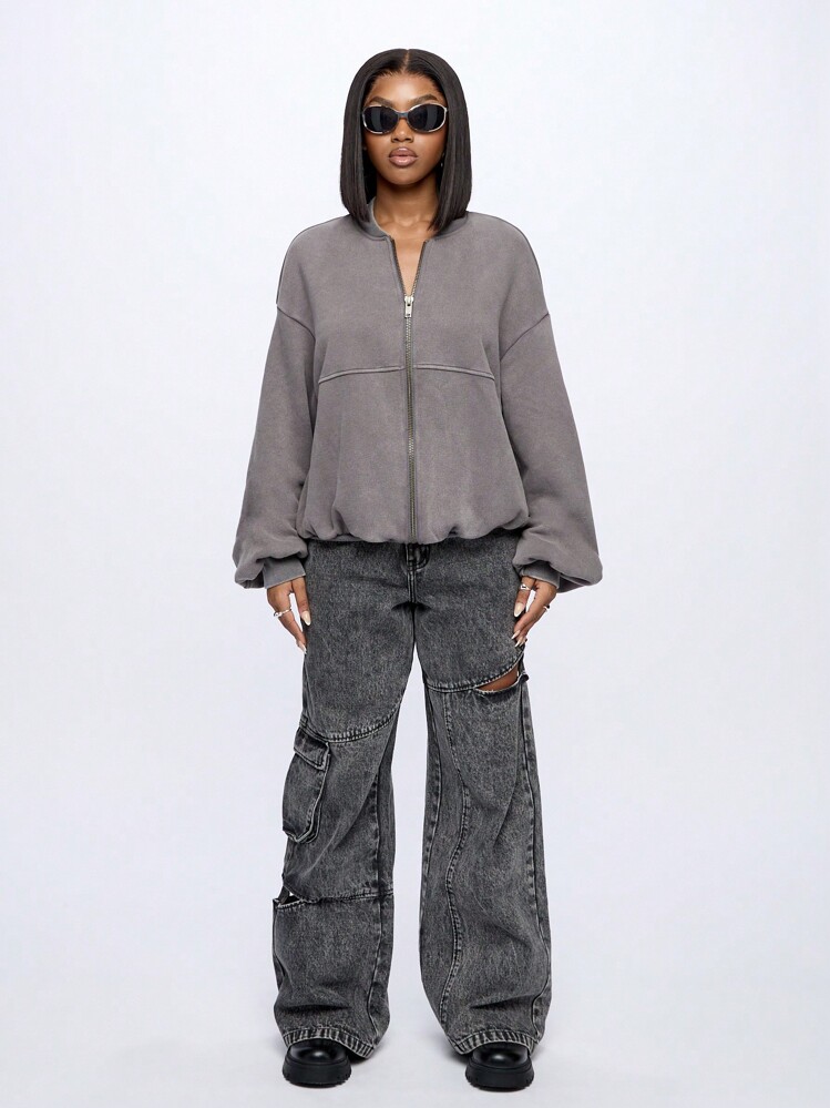 SUMWON WOMEN 拉链飞行员风格运动衫超大灯笼袖休闲运动家居服复古街头服饰秋冬拉链运动夹克 - 灰色 - 查看 6