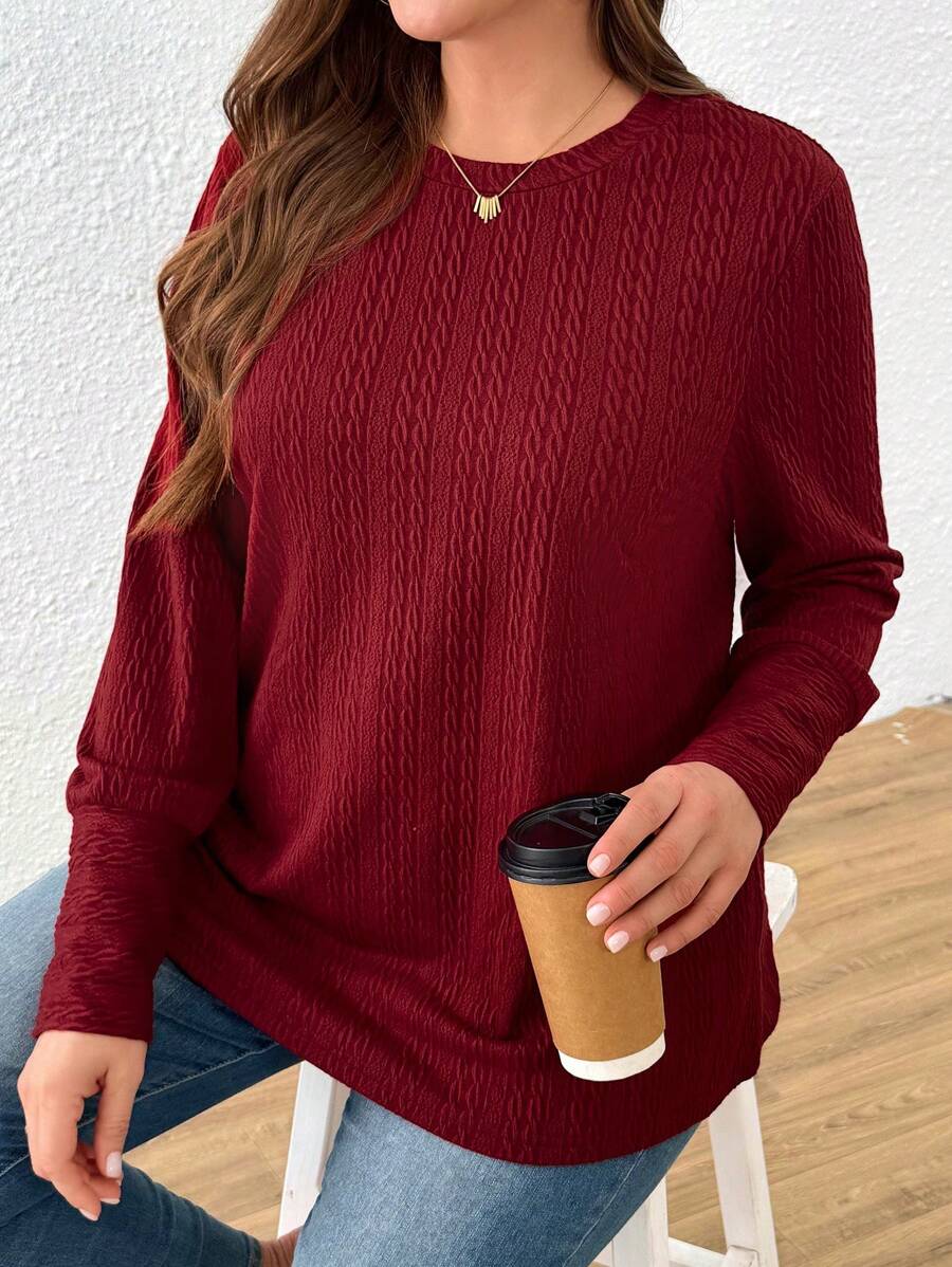 SHEIN LUNE Plus Size Women Solid Color Round Neck Long Sleeve Casual T-Shirt, Autumn - Burgundy - View 1