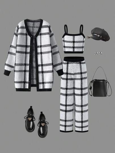 SHEIN Tween Girls 3 件套毛衣搭配套装：优雅中长开衫、短款吊带背心、阔腿裤，时尚有型，秋冬