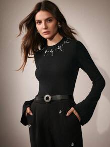 Anewsta 优雅圆领水钻装饰针织喇叭袖保暖毛衣，柔软针织 T 恤，适合秋冬季