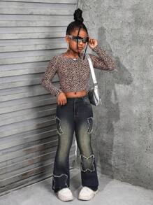 SHEIN 少女Y2K复古水洗喇叭牛仔裤，饰有蝴蝶形贴布细节，适合返校季穿着的街头服饰 - 中等水洗藍 - 查看 4