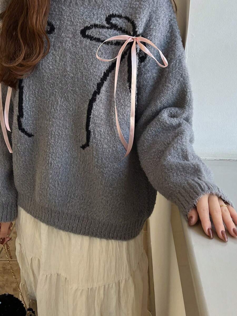 FRIFUL Women's Color Block Patchwork Bow Knitted Long Sleeve Casual Sweater,Fall Women Clothes - Grey - View 1