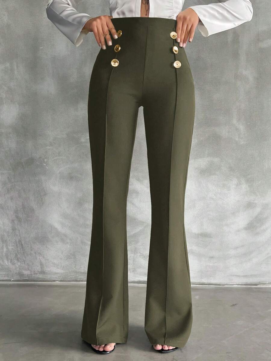 SHEIN Tall Pantalones decorativos de doble botonadura y cintura acampanada talla grande - Verde militar - Ver 1