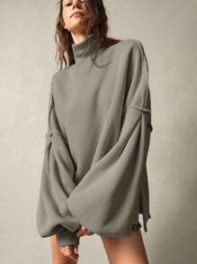 Bohemela 女士休闲纯色针织高领落肩灯笼袖宽松套头运动衫 - 卡其色 - 查看 2