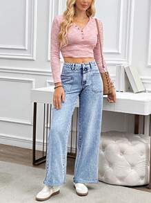 SHEIN LUNE Women's Casual Loose Straight Leg Washed Denim Jeans - Blue - View 6