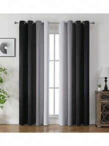 2 Panel Solid Color Patchwork Blackout Curtains, Home Decor/Bedroom Thermal Insulated Curtains, Ombre Black And Grayscale Living Room Blackout Curtain, Customizable Creative Curtains,Fall Decor,Autumn Decor,Room Decor - Black - View 2