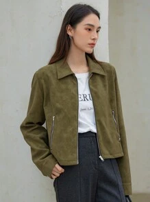 Dazy-Less Kurze anliegende PU-Lederjacke für Frauen, Herbstkleidung