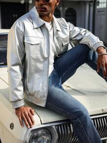 Manfinity LEGND Loose Fit Men's Flap Pocket Long Sleeve PU Leather Jacket - Silver - View 5