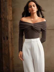 Anewsta 1pc Women's Sexy Off Shoulder Long Sleeve Twisted Bodysuit - Brown - View 1