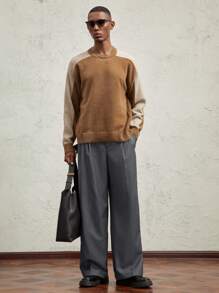 AKNOTIC Business Casual 男士编织长款中腰休闲直筒裤，适合日常搭配 - 深灰色 - 查看 2